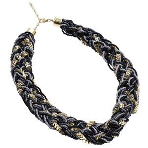 Women's Black and Gray Criss Cross Style Beaded Necklace in Gold tone